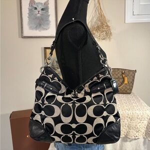 Coach Black and Beige Signature Canvas Shoulder Bag